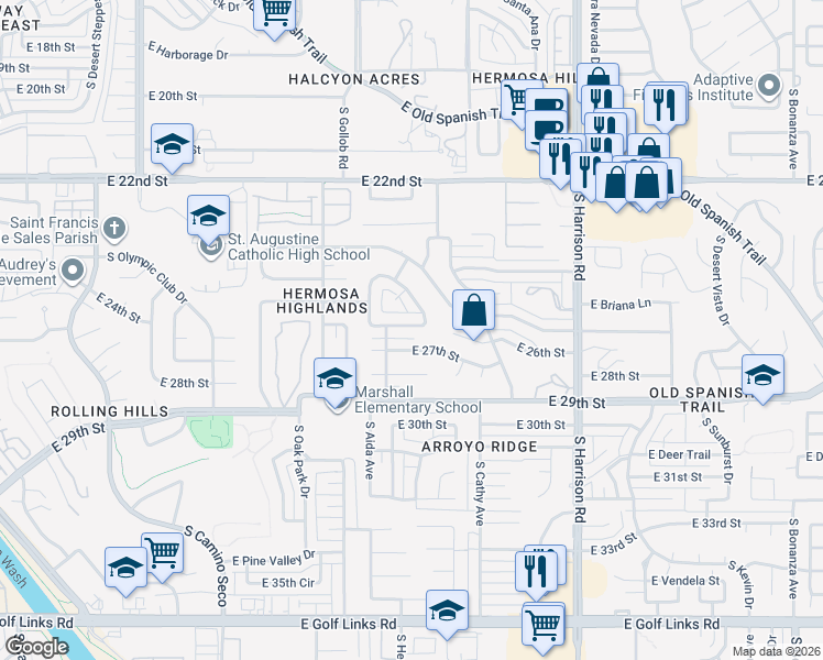 map of restaurants, bars, coffee shops, grocery stores, and more near 1566 South Brown Avenue in Tucson