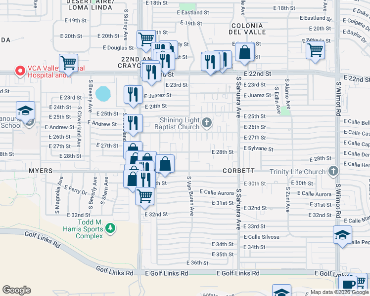 map of restaurants, bars, coffee shops, grocery stores, and more near 1616 South Van Buren Avenue in Tucson