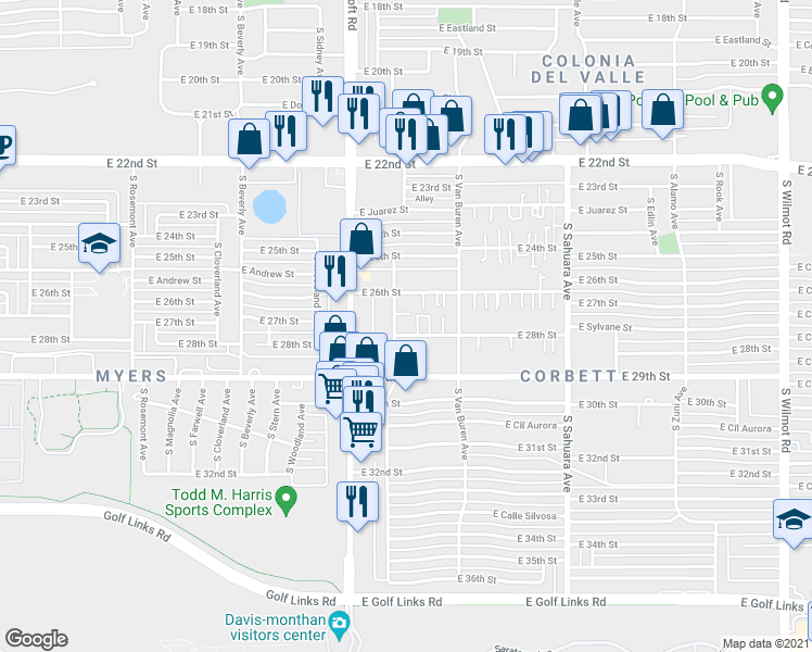 map of restaurants, bars, coffee shops, grocery stores, and more near 5626 East 26th Street in Tucson