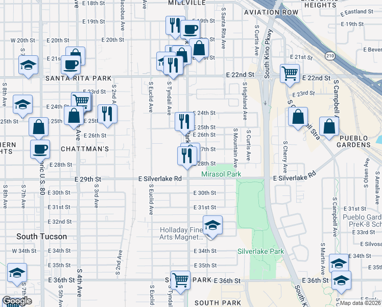 map of restaurants, bars, coffee shops, grocery stores, and more near 1630 South Park Avenue in Tucson