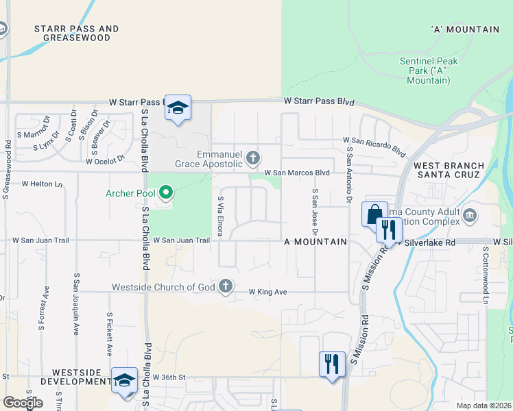 map of restaurants, bars, coffee shops, grocery stores, and more near 1610 South Vía Hondo in Tucson