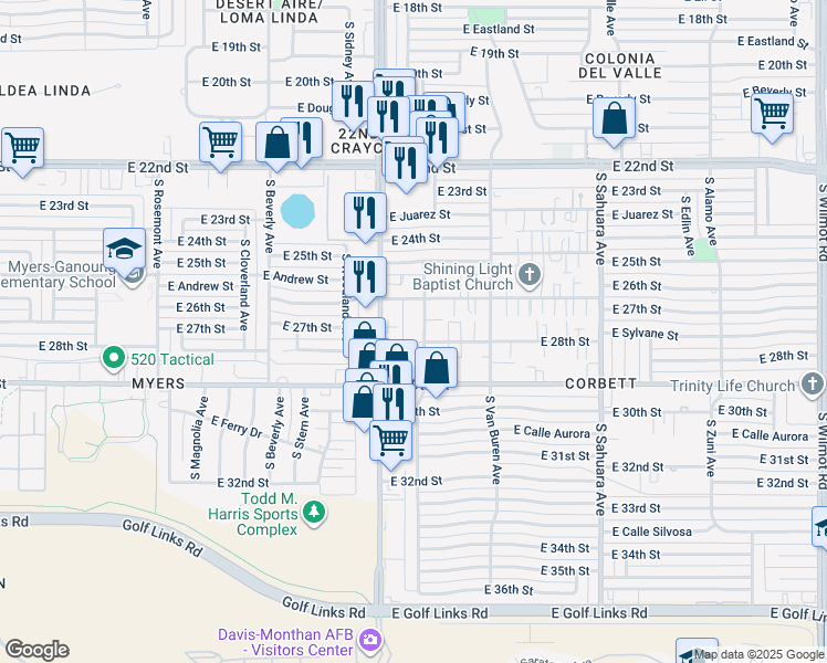 map of restaurants, bars, coffee shops, grocery stores, and more near 1710 South Jefferson Avenue in Tucson