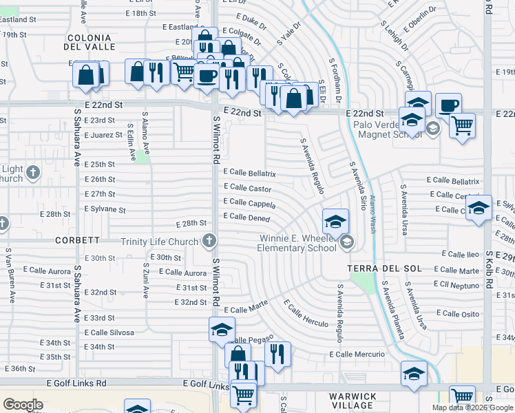 map of restaurants, bars, coffee shops, grocery stores, and more near 6349 East Calle Cappela in Tucson