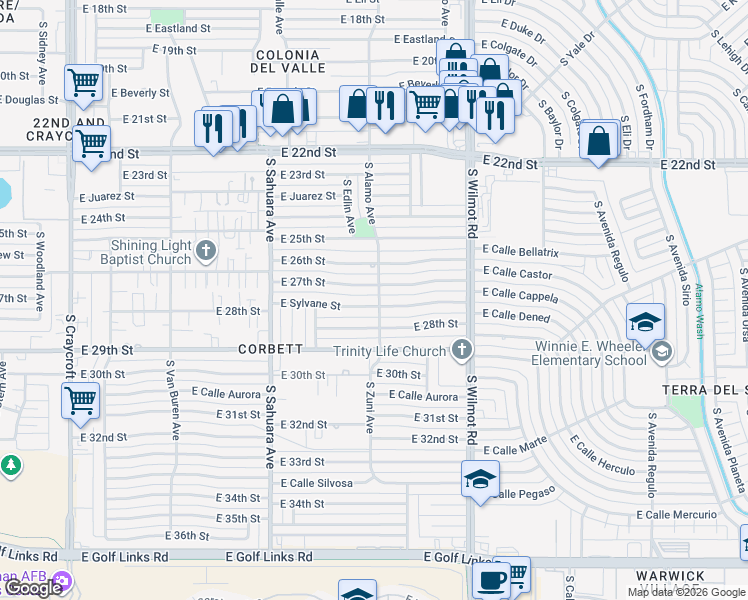 map of restaurants, bars, coffee shops, grocery stores, and more near 6072 East 27th Street in Tucson