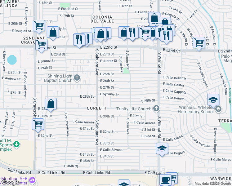 map of restaurants, bars, coffee shops, grocery stores, and more near 6012 East 27th Street in Tucson