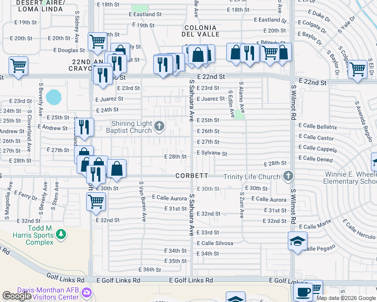 map of restaurants, bars, coffee shops, grocery stores, and more near 5902 East 27th Street in Tucson