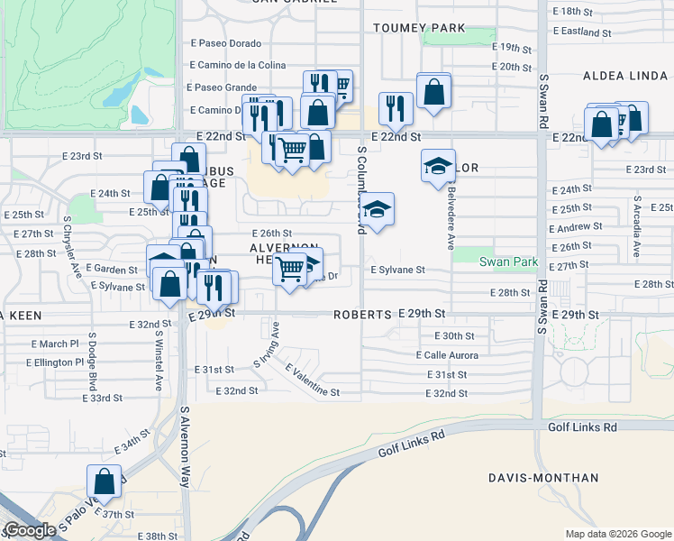 map of restaurants, bars, coffee shops, grocery stores, and more near 4214 East 27th Street in Tucson