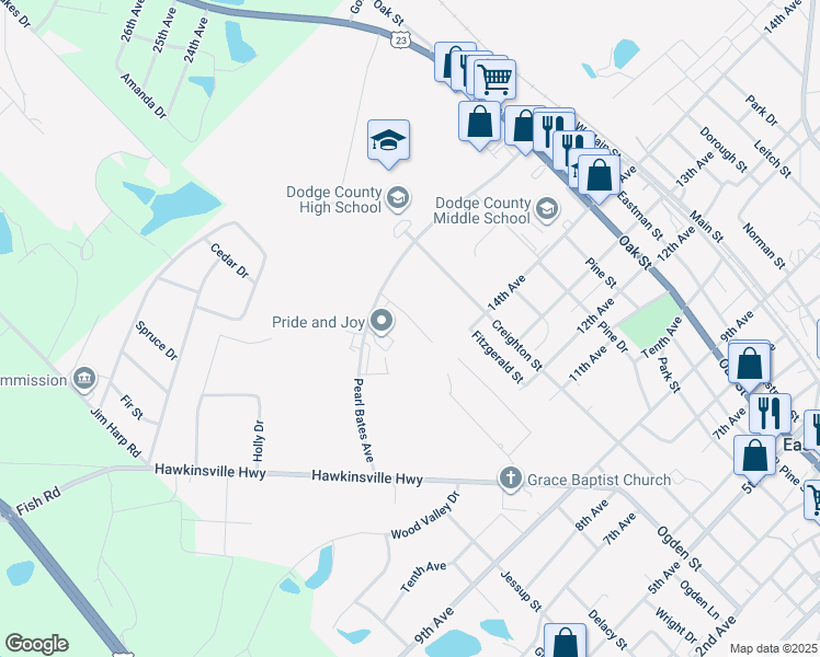 map of restaurants, bars, coffee shops, grocery stores, and more near 611 Pearl Bates Avenue in Eastman