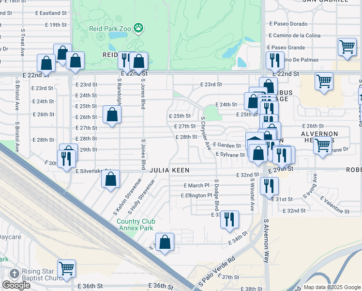 map of restaurants, bars, coffee shops, grocery stores, and more near 62 South Palo Verde Avenue in Tucson