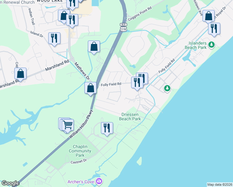 map of restaurants, bars, coffee shops, grocery stores, and more near 17 Sandcastle Court in Hilton Head Island