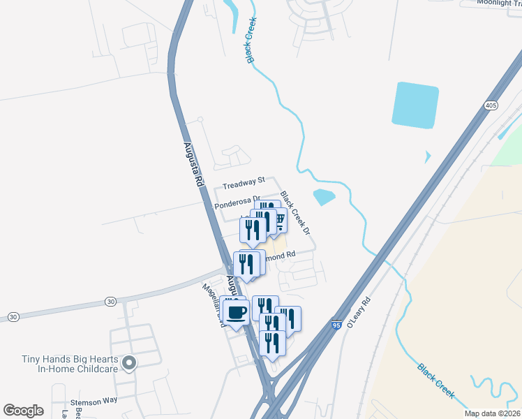 map of restaurants, bars, coffee shops, grocery stores, and more near 19 Ponderosa Drive in Savannah