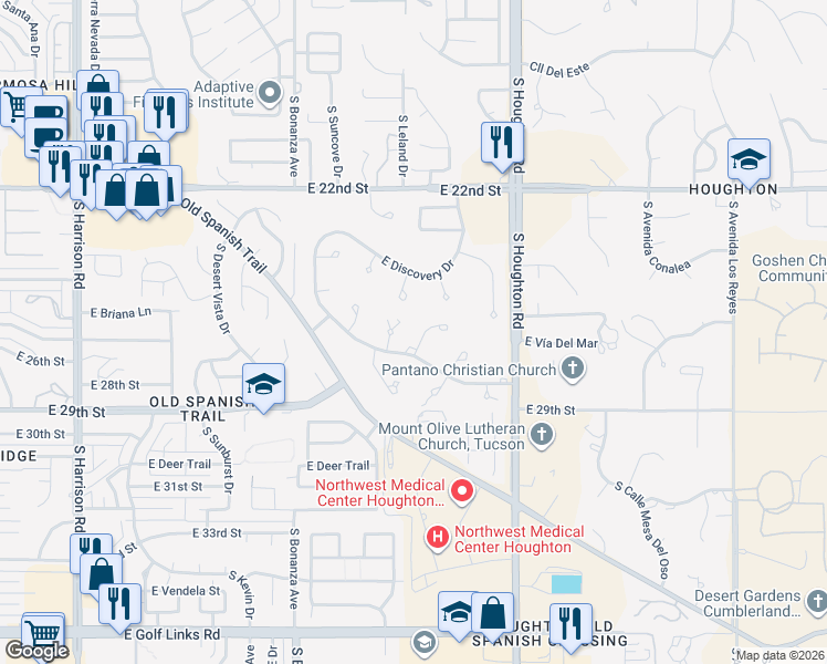map of restaurants, bars, coffee shops, grocery stores, and more near 1630 South Barbados Place in Tucson