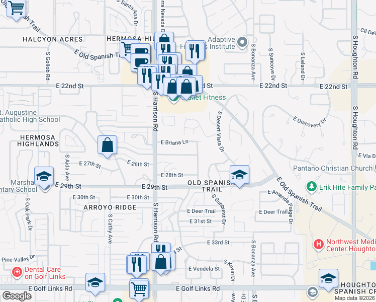 map of restaurants, bars, coffee shops, grocery stores, and more near 9646 East Briana Lane in Tucson