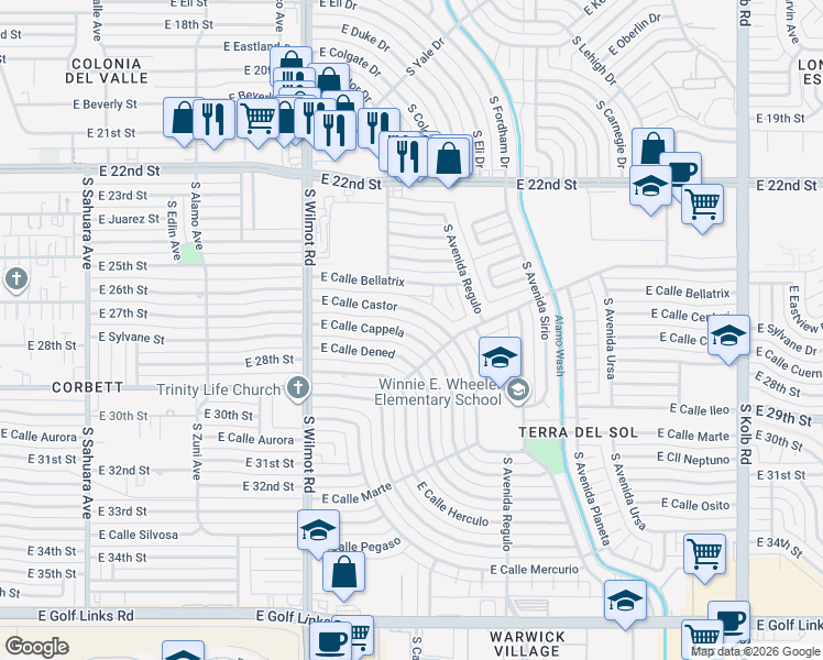 map of restaurants, bars, coffee shops, grocery stores, and more near 6410 East Calle Castor in Tucson