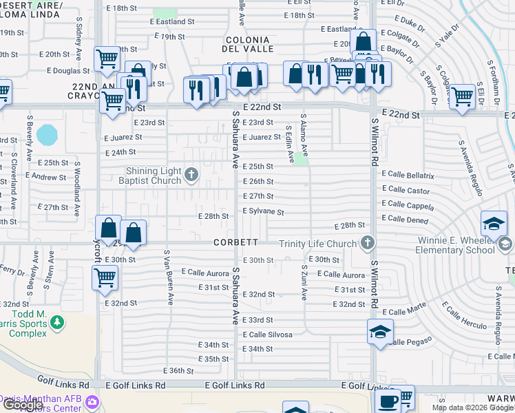 map of restaurants, bars, coffee shops, grocery stores, and more near 5952 East 27th Street in Tucson