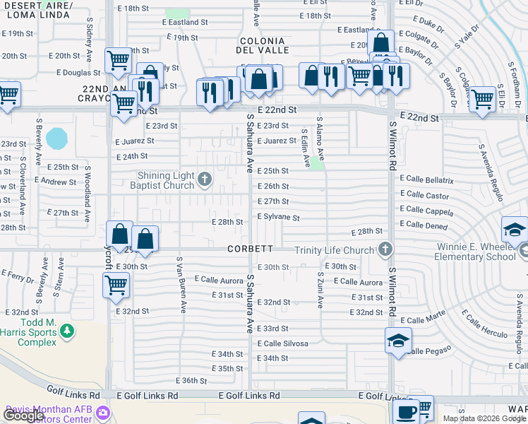 map of restaurants, bars, coffee shops, grocery stores, and more near 5952 East 27th Street in Tucson