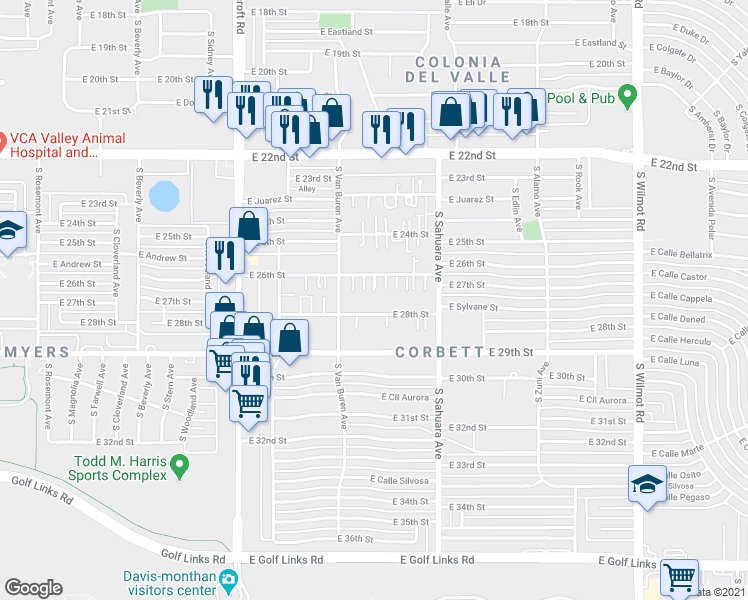 map of restaurants, bars, coffee shops, grocery stores, and more near 5734 East 26th Street in Tucson