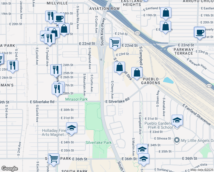 map of restaurants, bars, coffee shops, grocery stores, and more near 1507 East 27th Street in Tucson