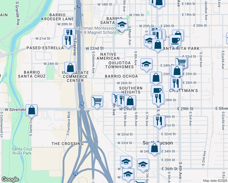 map of restaurants, bars, coffee shops, grocery stores, and more near 1631 South 10th Avenue in Tucson