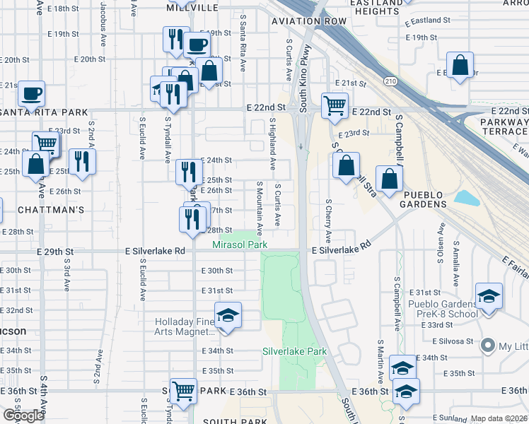 map of restaurants, bars, coffee shops, grocery stores, and more near 1325 East 27th Street in Tucson