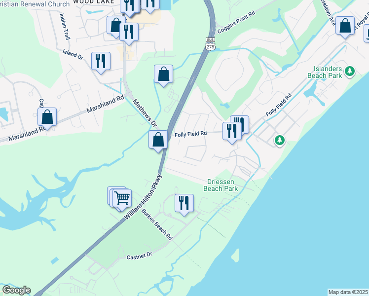 map of restaurants, bars, coffee shops, grocery stores, and more near 109 Sandcastle Court in Hilton Head Island