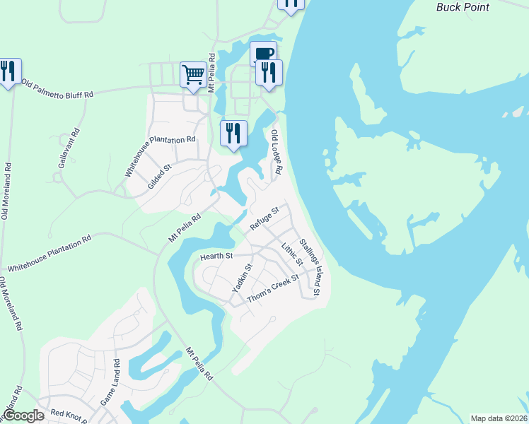 map of restaurants, bars, coffee shops, grocery stores, and more near 12 Refuge Street in Bluffton
