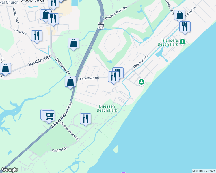 map of restaurants, bars, coffee shops, grocery stores, and more near 40 Folly Field Road in Hilton Head Island