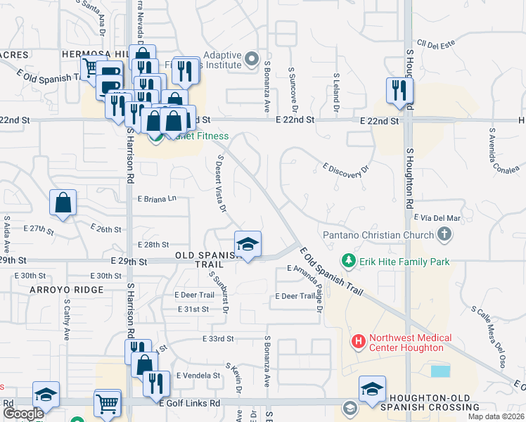 map of restaurants, bars, coffee shops, grocery stores, and more near 1711 South Skyview Place in Tucson