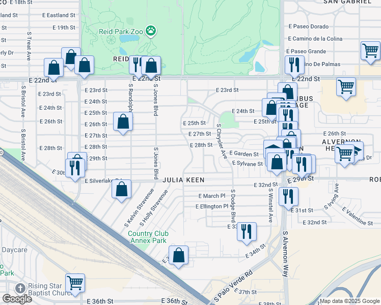 map of restaurants, bars, coffee shops, grocery stores, and more near 62 South Palo Verde Avenue in Tucson