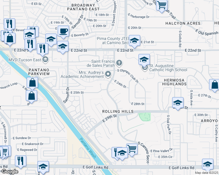 map of restaurants, bars, coffee shops, grocery stores, and more near 1610 South Camino Seco in Tucson