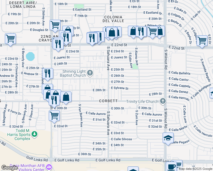 map of restaurants, bars, coffee shops, grocery stores, and more near 5902 East 27th Street in Tucson