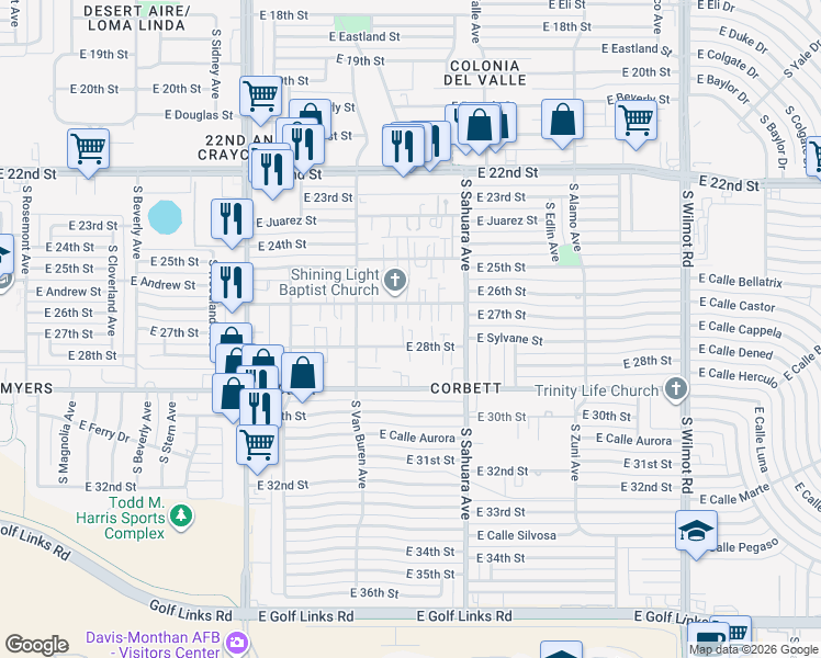 map of restaurants, bars, coffee shops, grocery stores, and more near 5820 East 26th Street in Tucson
