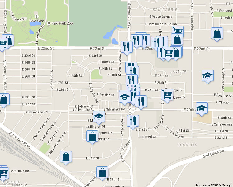 map of restaurants, bars, coffee shops, grocery stores, and more near 3760 East 27th Place in Tucson