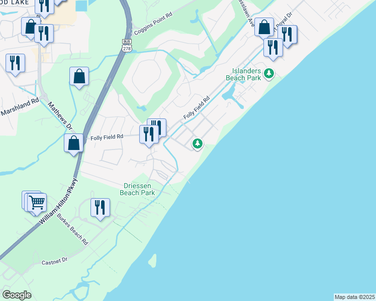 map of restaurants, bars, coffee shops, grocery stores, and more near 3 Sand Dollar Road in Saint Helena Island