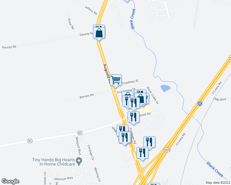 map of restaurants, bars, coffee shops, grocery stores, and more near 7308 Georgia 21 in Port Wentworth