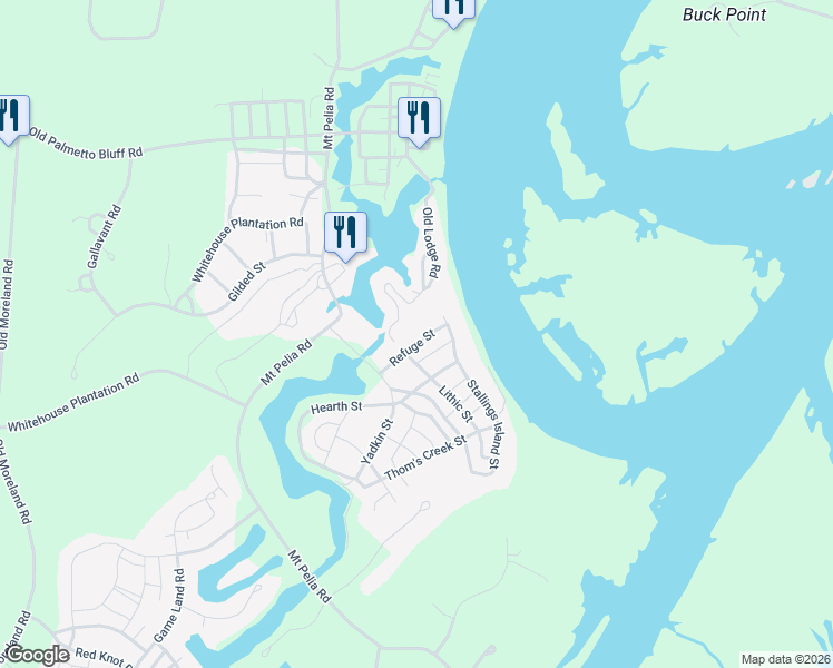 map of restaurants, bars, coffee shops, grocery stores, and more near 12 Refuge Street in Bluffton