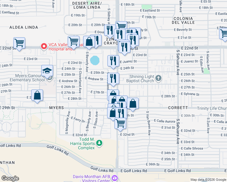 map of restaurants, bars, coffee shops, grocery stores, and more near 1702 South Craycroft Road in Tucson