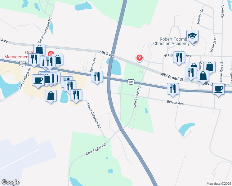 map of restaurants, bars, coffee shops, grocery stores, and more near Sweet Onion Lane in Toombs County