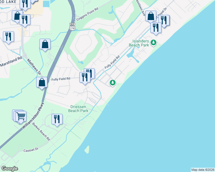 map of restaurants, bars, coffee shops, grocery stores, and more near 46 Starfish Drive in Hilton Head Island