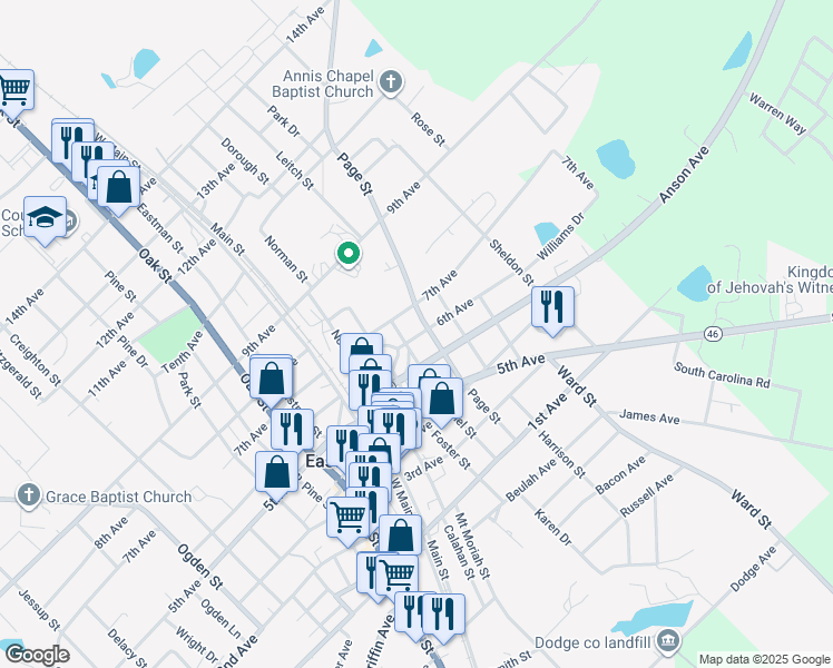 map of restaurants, bars, coffee shops, grocery stores, and more near 5511 6th Avenue in Eastman