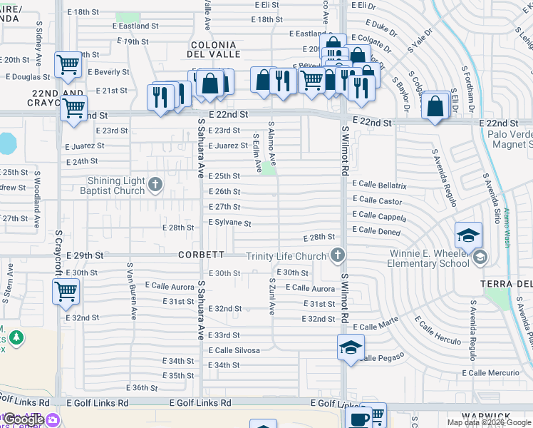 map of restaurants, bars, coffee shops, grocery stores, and more near 6072 East 27th Street in Tucson