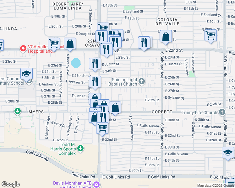 map of restaurants, bars, coffee shops, grocery stores, and more near 5626 East 26th Street in Tucson