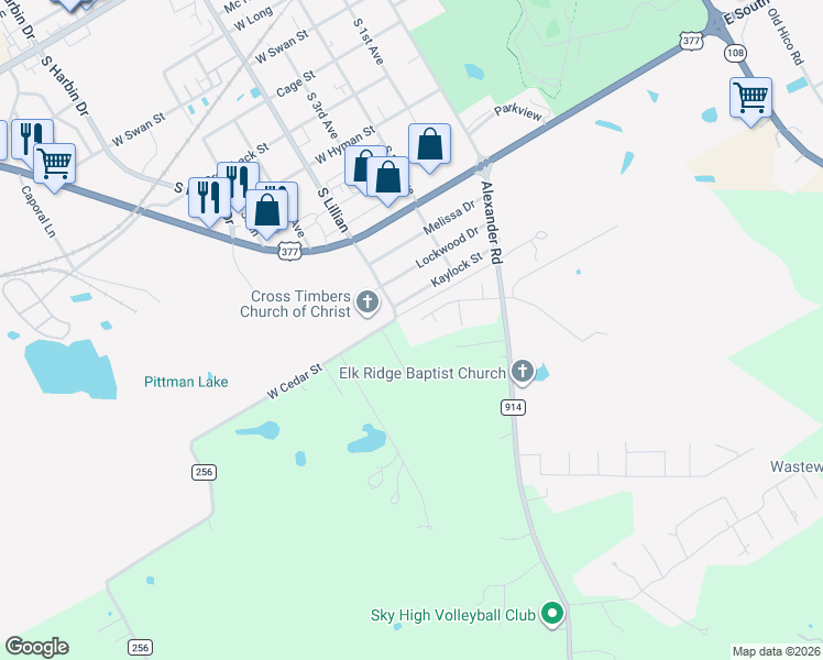 map of restaurants, bars, coffee shops, grocery stores, and more near 1446 Harpers Mill Road in Stephenville