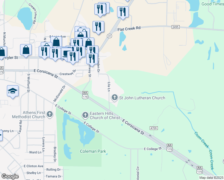 map of restaurants, bars, coffee shops, grocery stores, and more near 400 Lila Lane in Athens