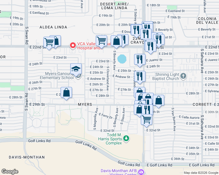 map of restaurants, bars, coffee shops, grocery stores, and more near 1633 South Cloverland Avenue in Tucson