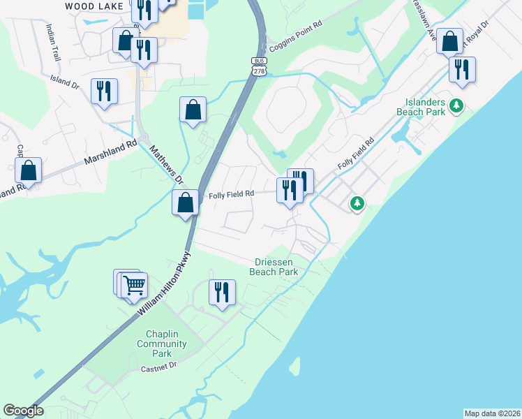 map of restaurants, bars, coffee shops, grocery stores, and more near 31 Sandcastle Court in Hilton Head Island