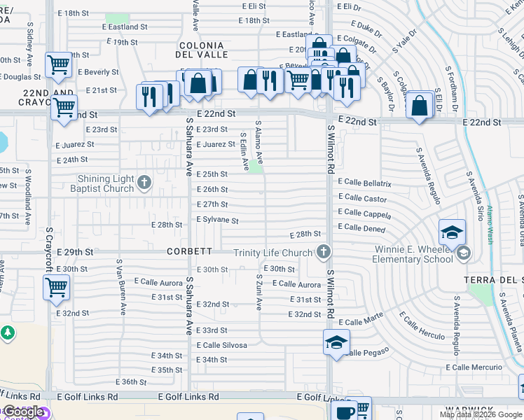map of restaurants, bars, coffee shops, grocery stores, and more near 6072 East 27th Street in Tucson
