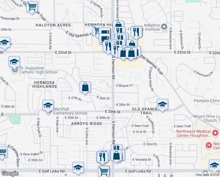 map of restaurants, bars, coffee shops, grocery stores, and more near 1600 South Harrison Road in Tucson