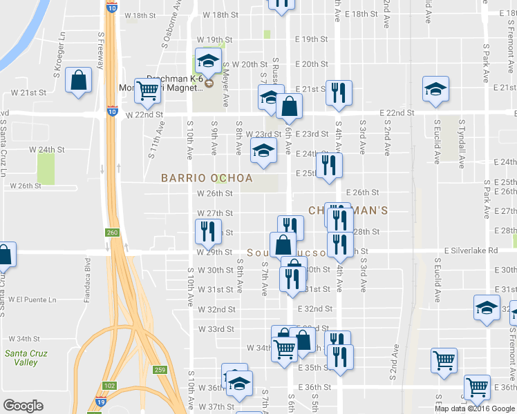 map of restaurants, bars, coffee shops, grocery stores, and more near 108 W 27th St in Tucson