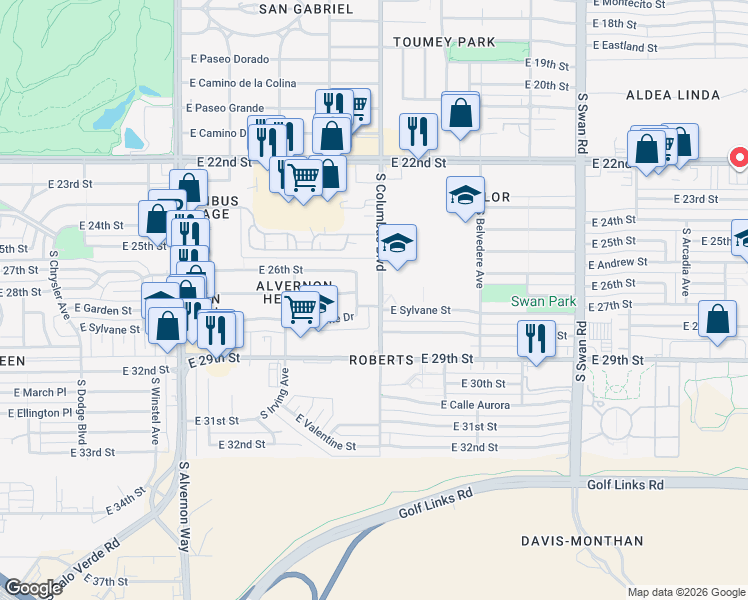 map of restaurants, bars, coffee shops, grocery stores, and more near 1814 South Columbus Boulevard in Tucson